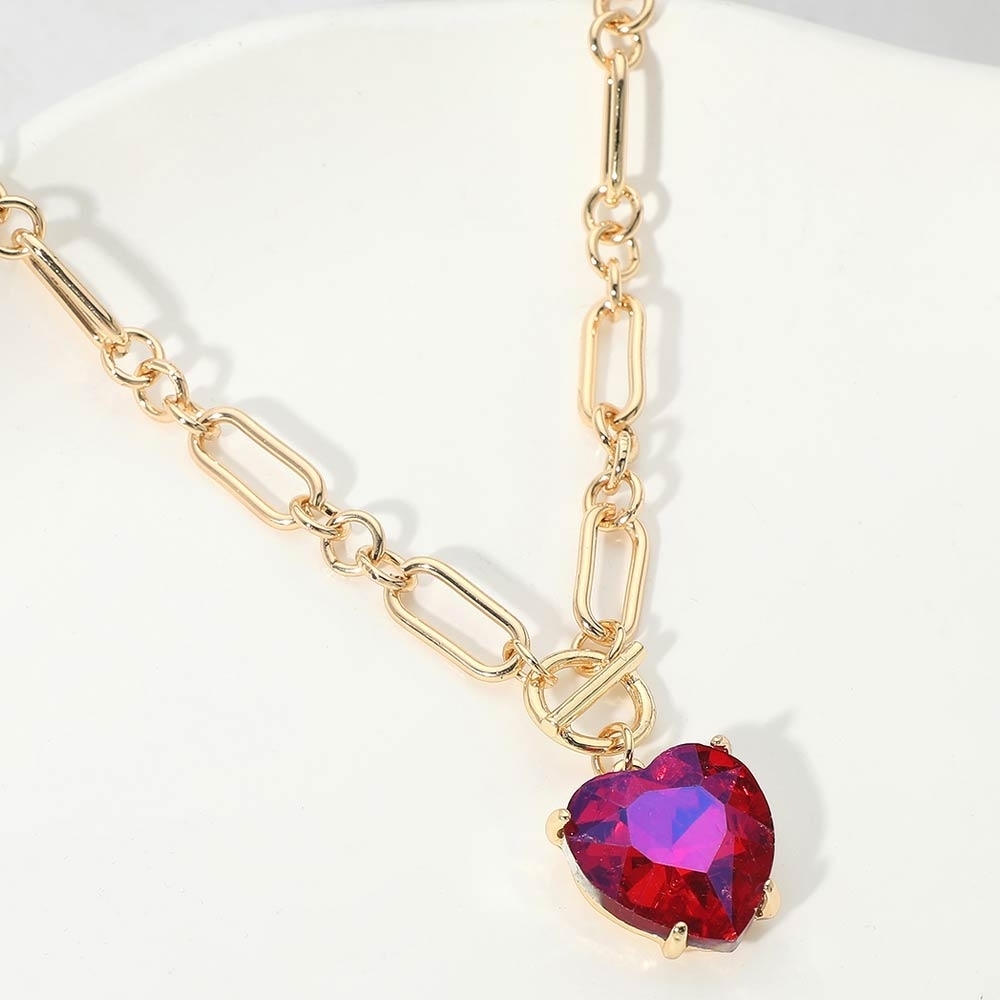 Ab Fuchsia Heart Toggle Paperclip Link Crystal Pendant Necklace Jewelry Chain